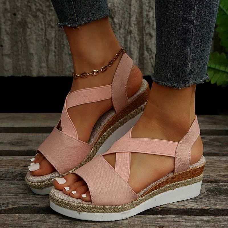 Women Summer Elastic Band Wedge Heel Thick Bottom Sandals Peep-toe Shoes