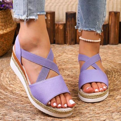 Women Summer Elastic Band Wedge Heel Thick Bottom Sandals Peep-toe Shoes