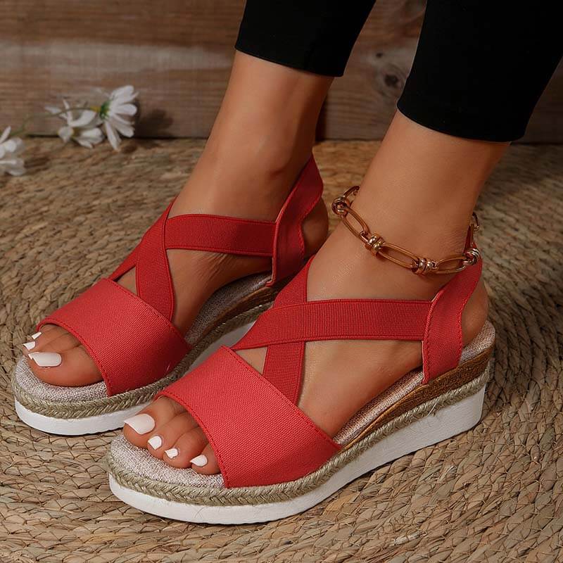 Women Summer Elastic Band Wedge Heel Thick Bottom Sandals Peep-toe Shoes