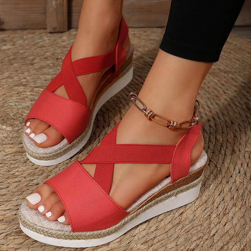 Women Summer Elastic Band Wedge Heel Thick Bottom Sandals Peep-toe Shoes