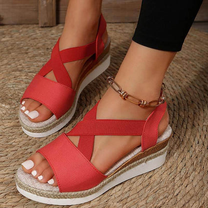 Women Summer Elastic Band Wedge Heel Thick Bottom Sandals Peep-toe Shoes