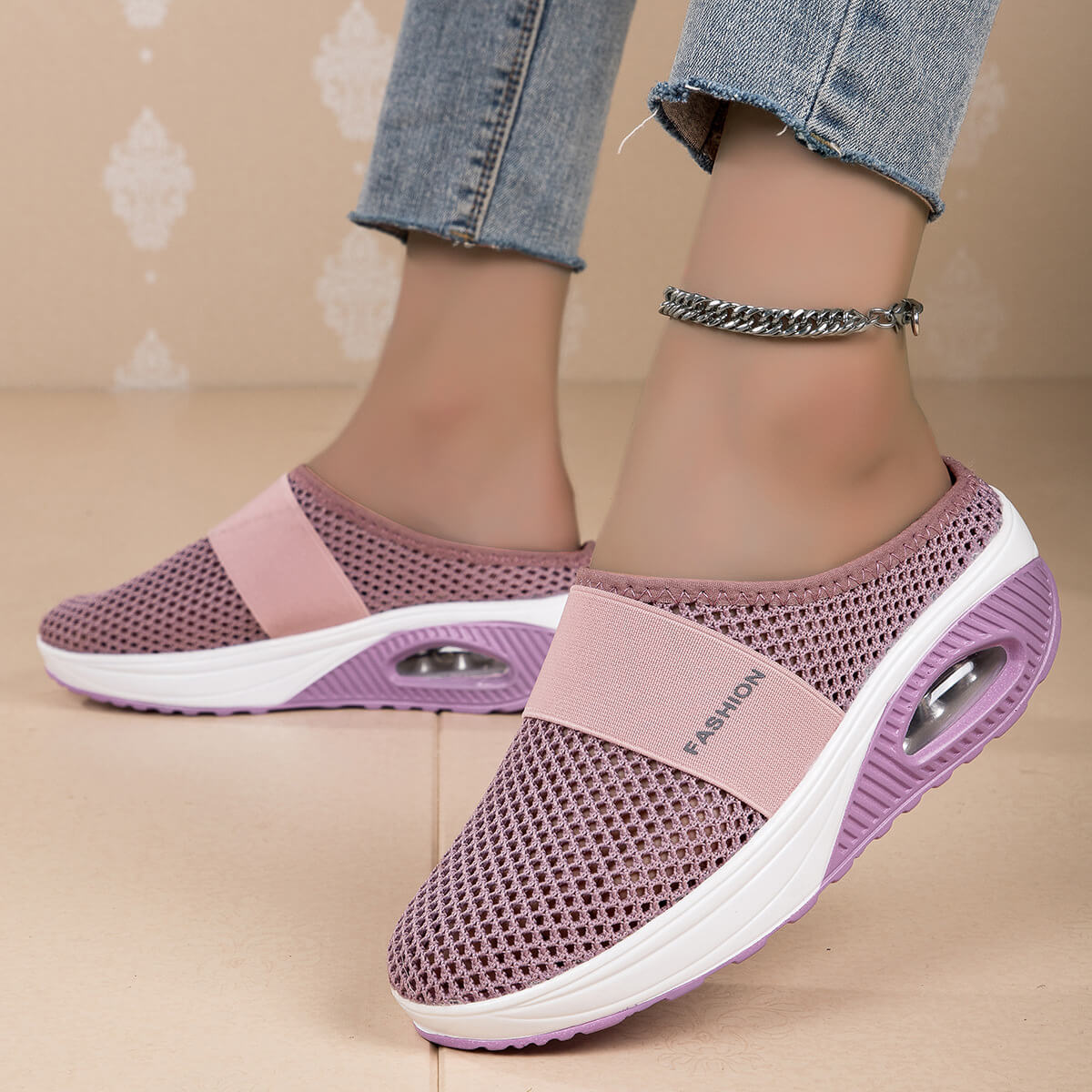 包头小网孔拖鞋女无后跟半拖鞋厚底拖鞋女网面半拖鞋女厂家批发