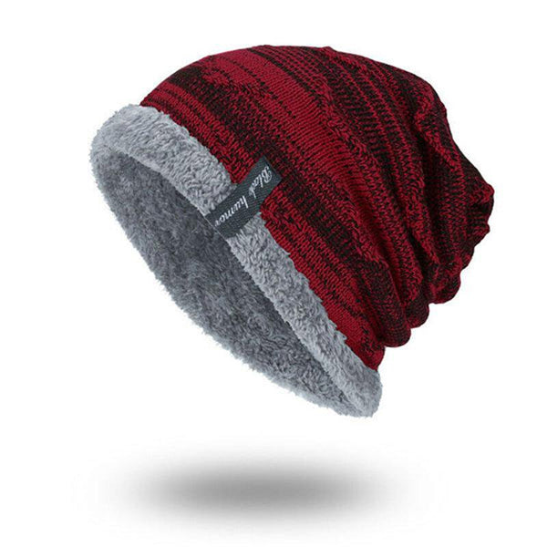 Men's Women's Solid Color Stripe Knit Plus Velvet Fashion Beanie Hats for Men Outdoor Keep Warm Hats Unisex