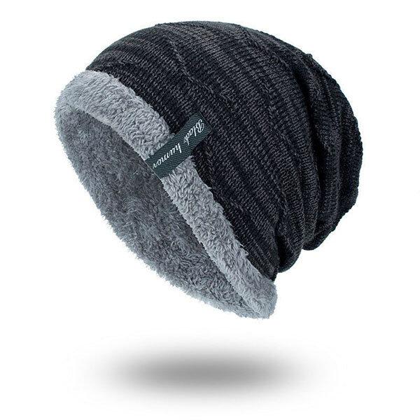 Men's Women's Solid Color Stripe Knit Plus Velvet Fashion Beanie Hats for Men Outdoor Keep Warm Hats Unisex